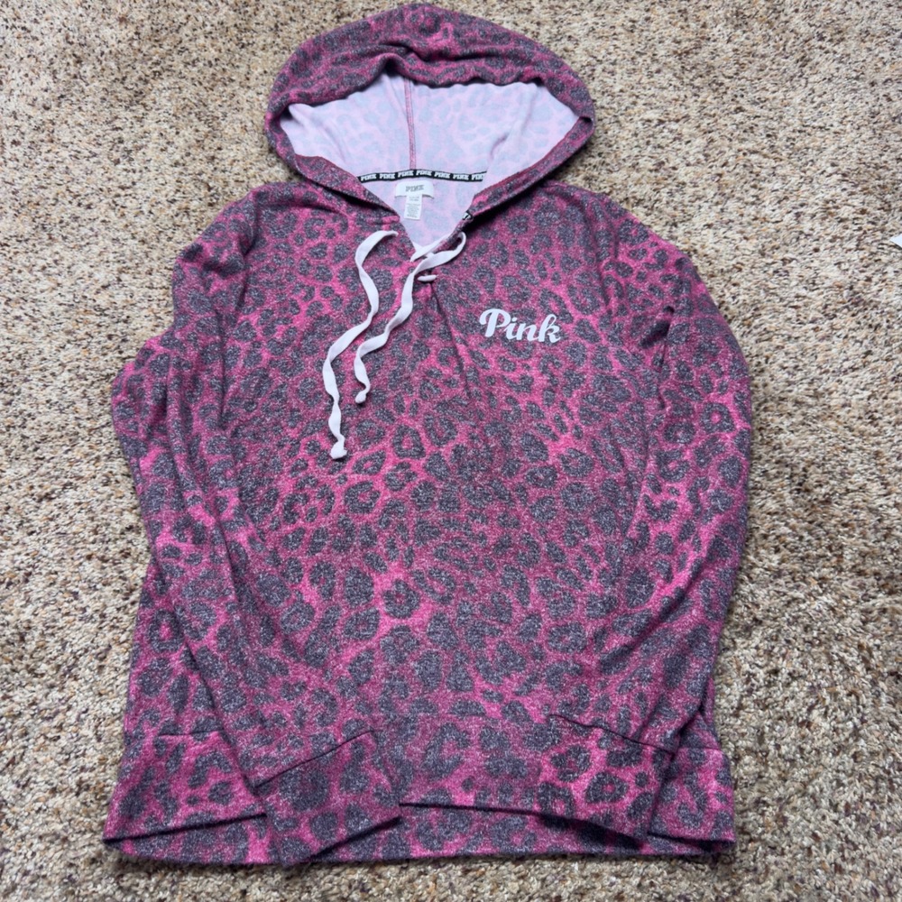PINK Victorias Secret Womens Small Pink Leopard Print Pullover Hoodie Logo